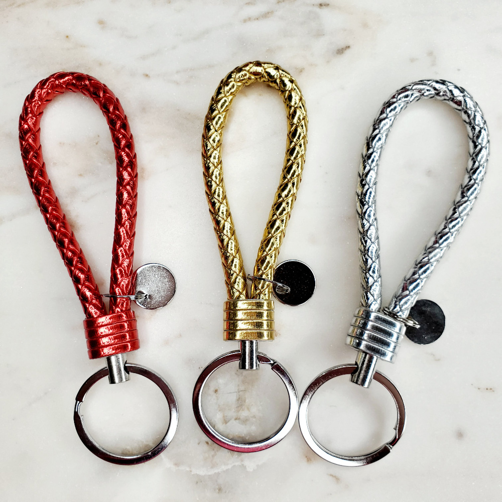 Braided Metallic Vegan Leather Keychain Keyring